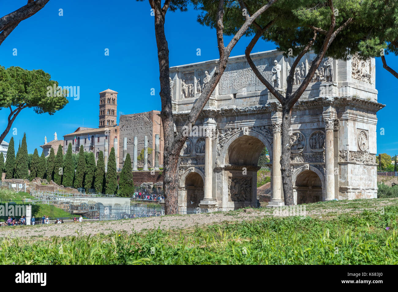Arch of Constantine South side, from Via triumphalis, Colosseum to right, Rome, Lazio, Italy, Europe. Stock Photo