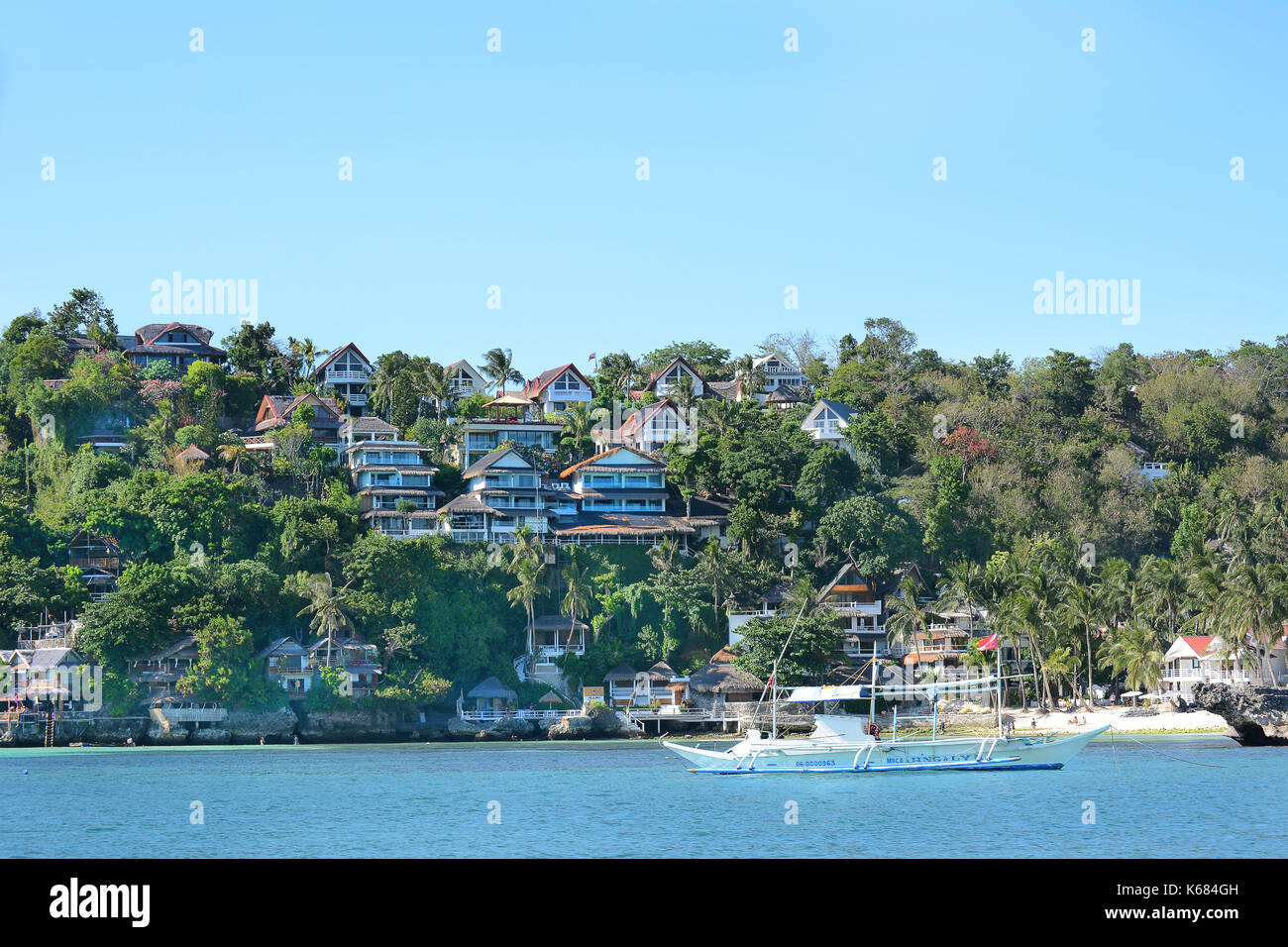 BORACAY, PHILIPPINES - APRIL 7, 2016: Shangri La Boracay Resort and Spa from the water. The luxury resort is adjacent ot an eco-reserve. Stock Photo