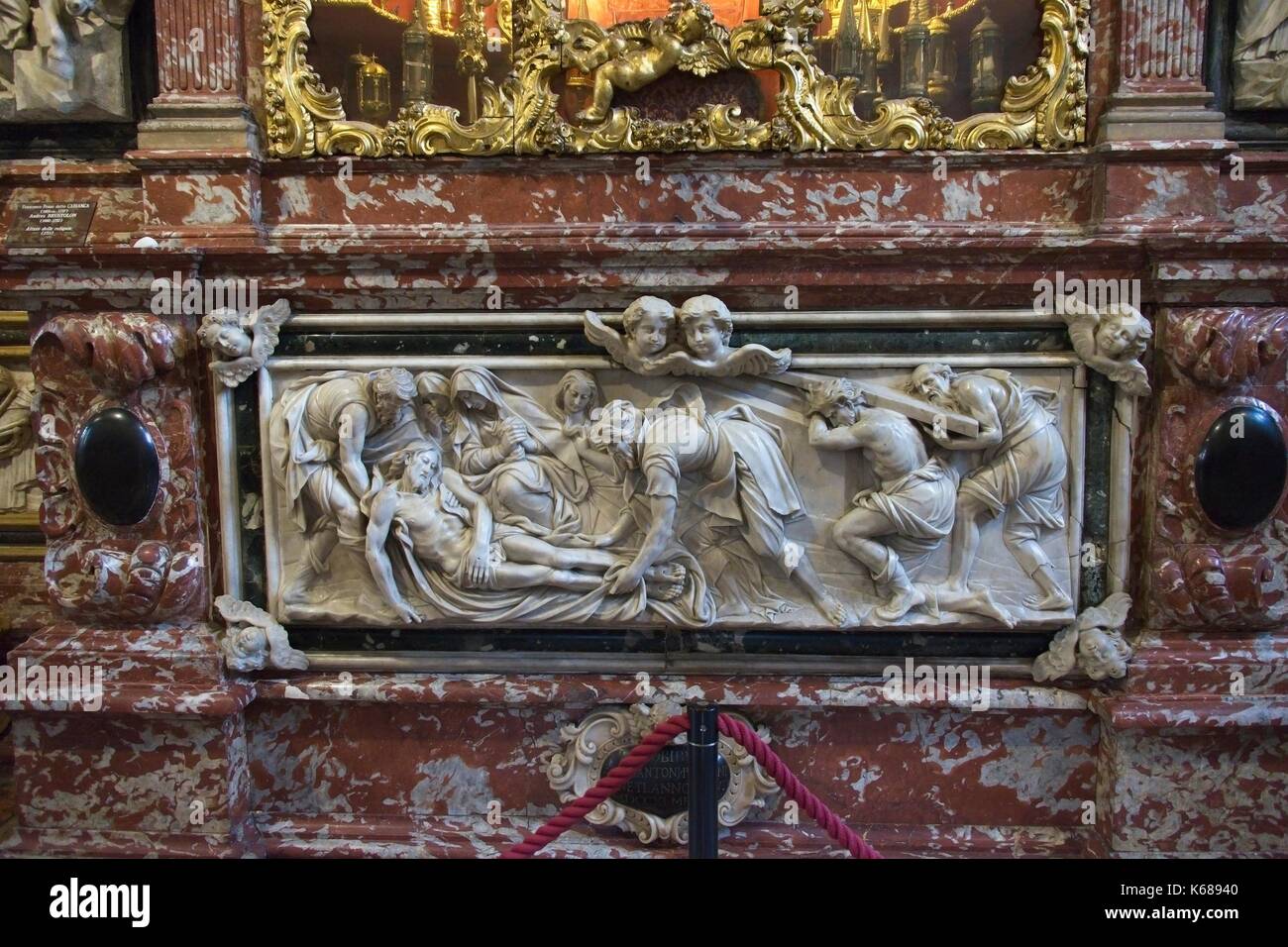 Venice Veneto Italy. Basilica Santa Maria Gloriosa (I Frari), interior. Altar of relics detail. Burial of Christ (Sepoltura di Cristo), by Francesco C Stock Photo