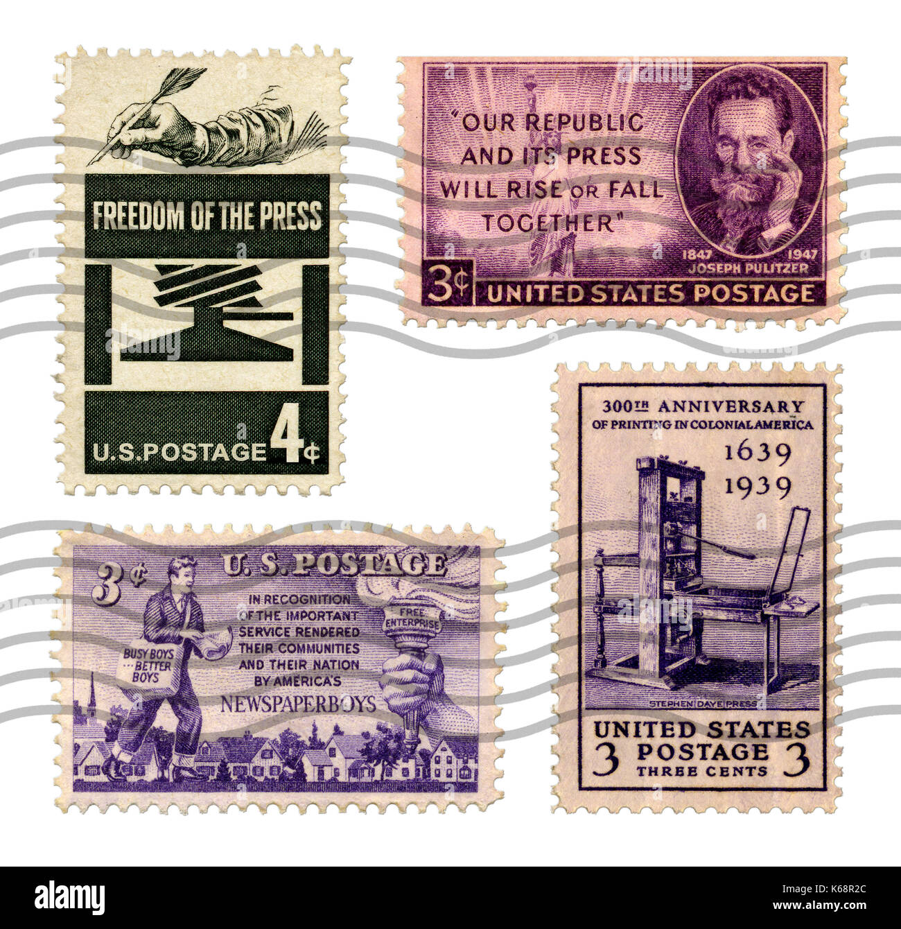 U.S. Postage Stamps commemorating the Freedom of the Press, free enterprise, newspaper boys, the printing press in America, Stephen Daye, and Joseph P Stock Photo