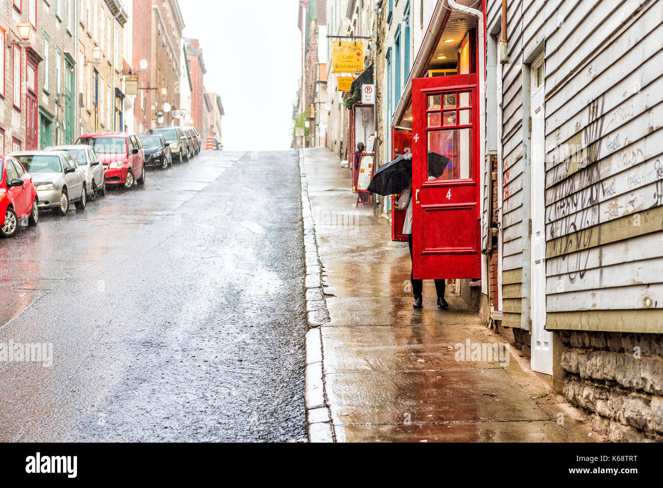 Quebec City, Canada May 31, 2017 Old town steep street during heavy