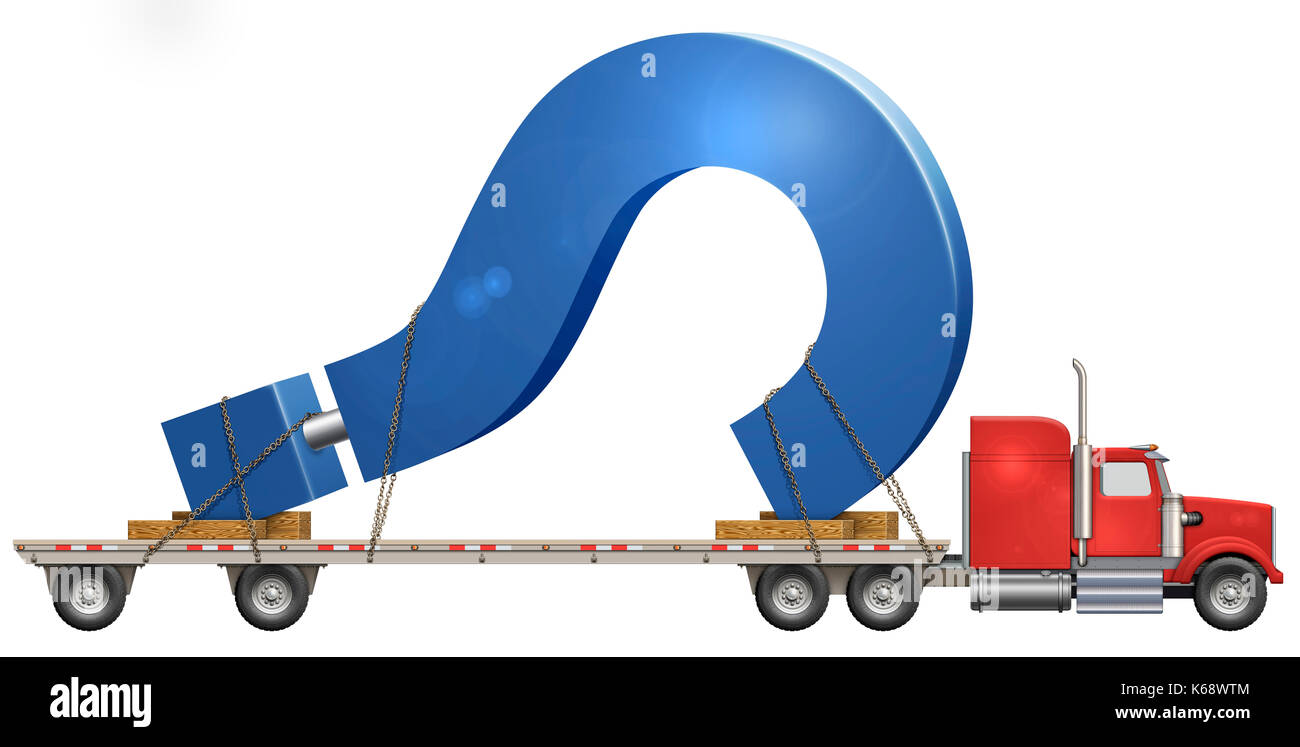Illustration of a flatbed truck carrying a question mark Stock Photo