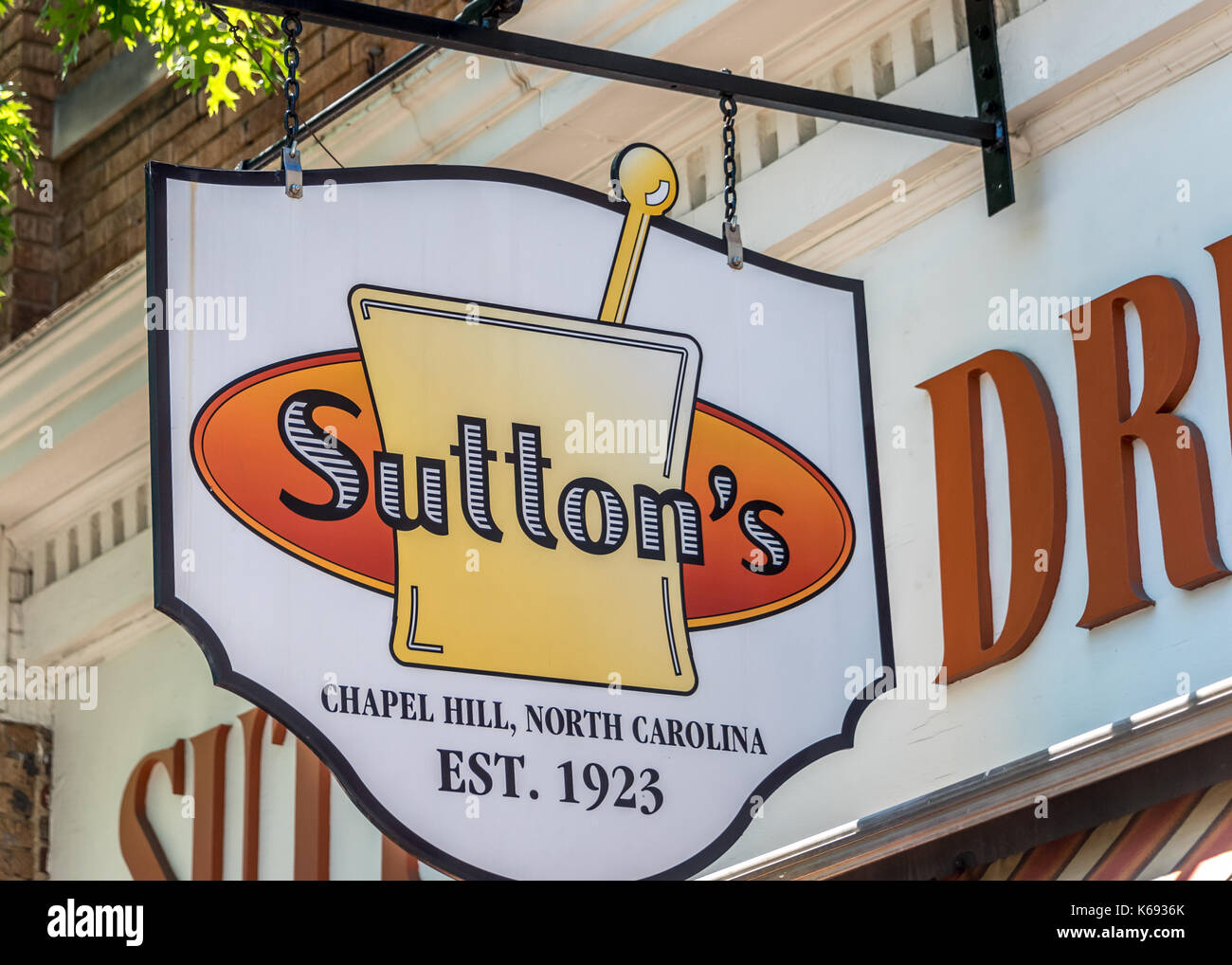 The sign outside Sutton's Drug Store and grill on Franklin Street in Chapel Hill, North Carolina, across from the UNC campus. Stock Photo