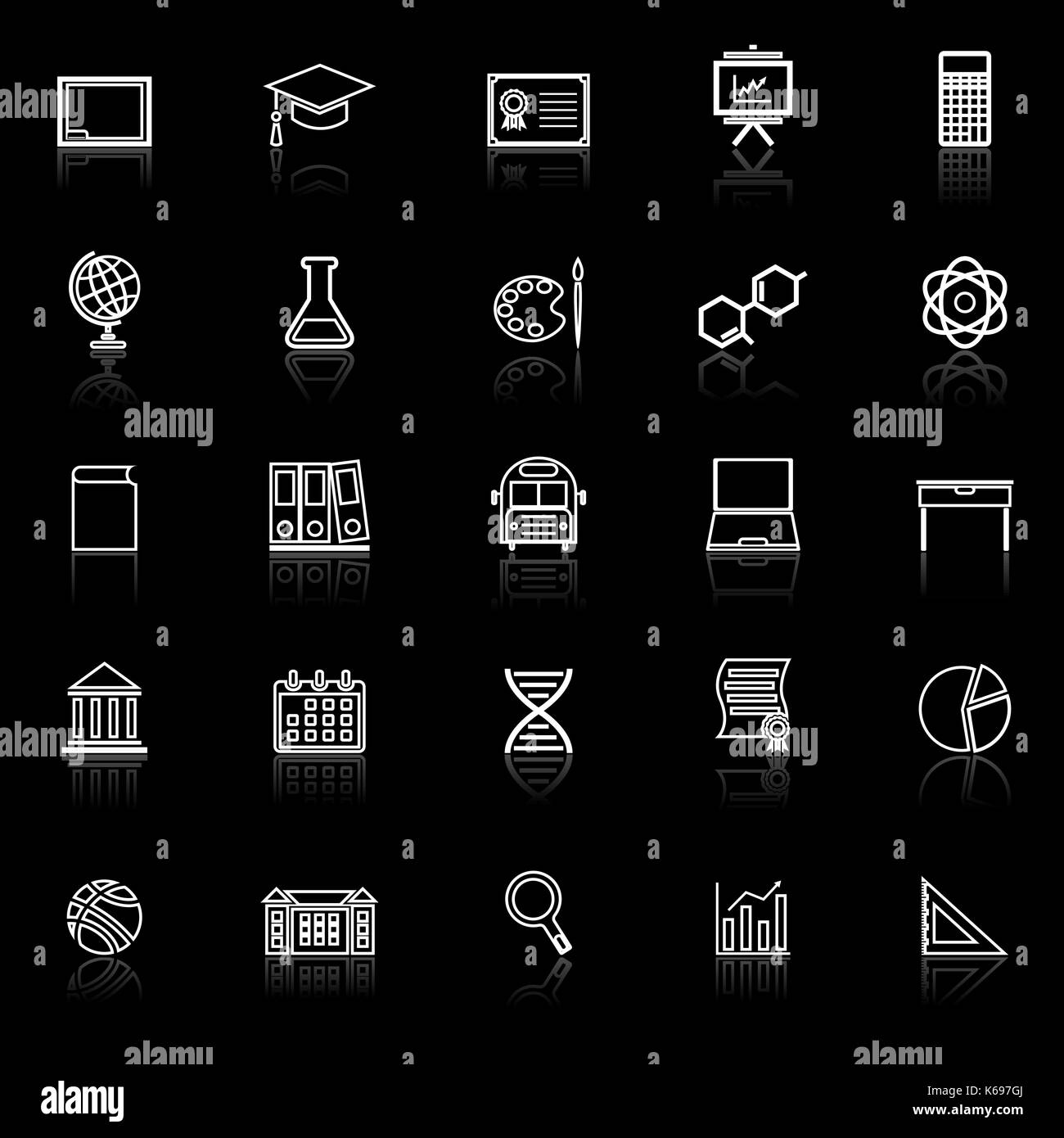 Education line icons with reflect on black background, stock vector ...