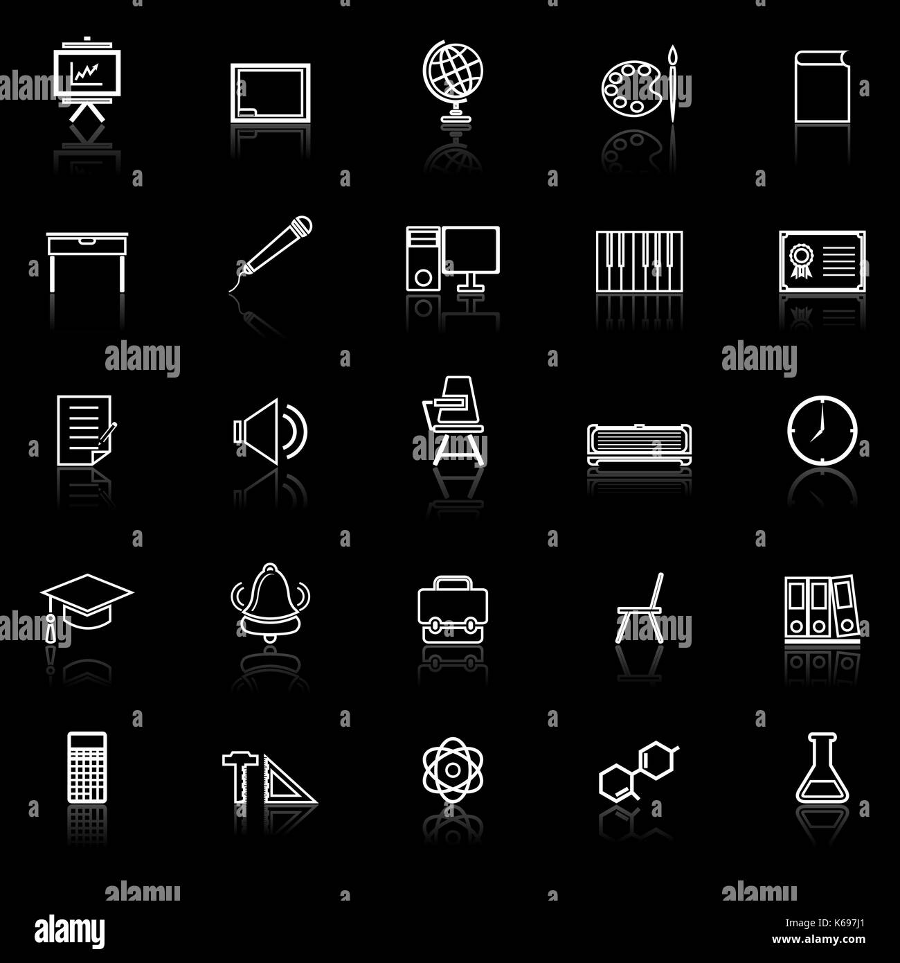 Classroom line icons with reflect on black background, stock vector ...