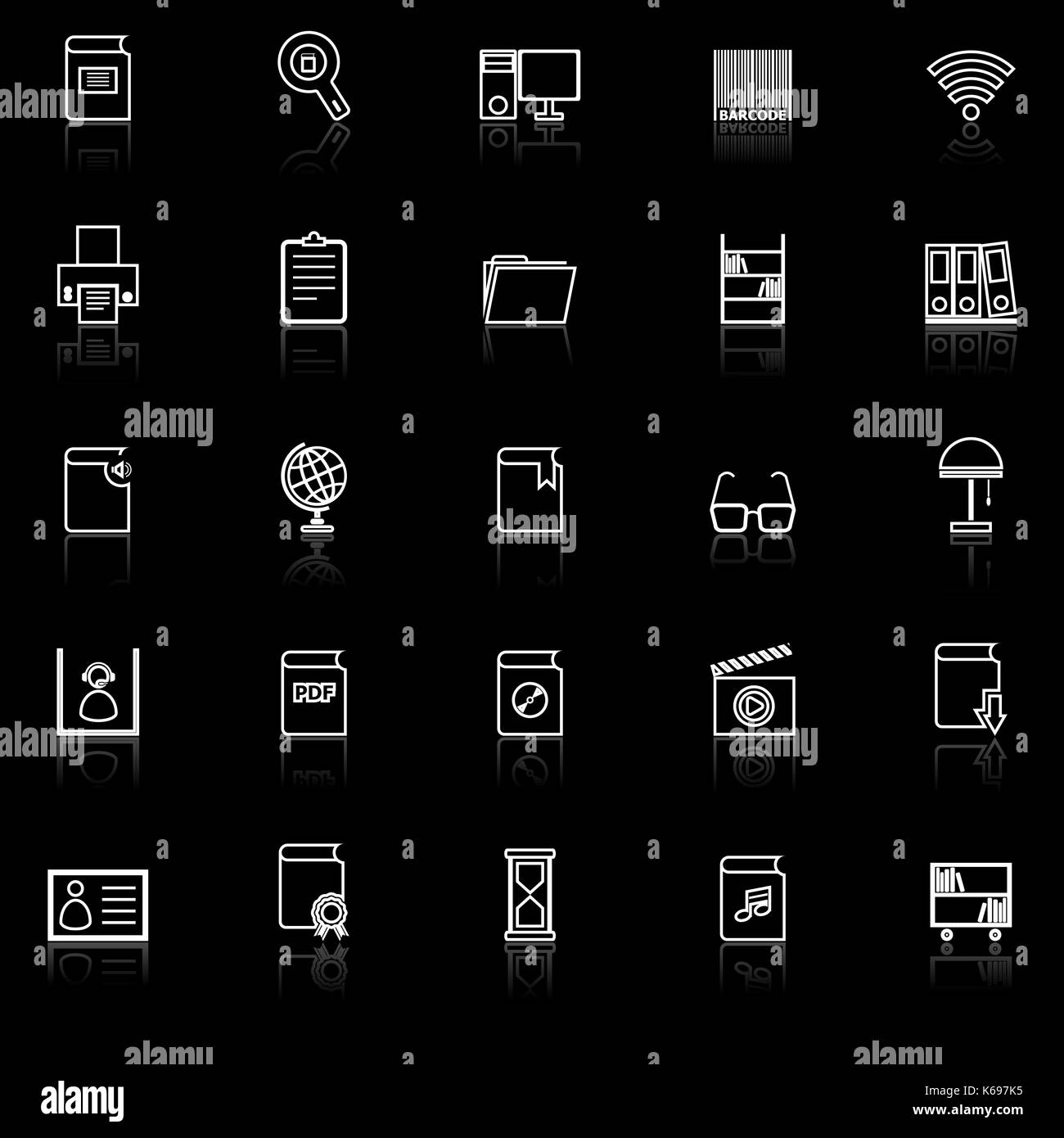 Library line icons with reflect on black background, stock vector Stock ...