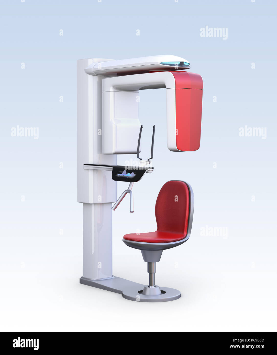 Dental 3D X-ray machine with patient chair isolated on gradient background. 3D rendering image. Stock Photo
