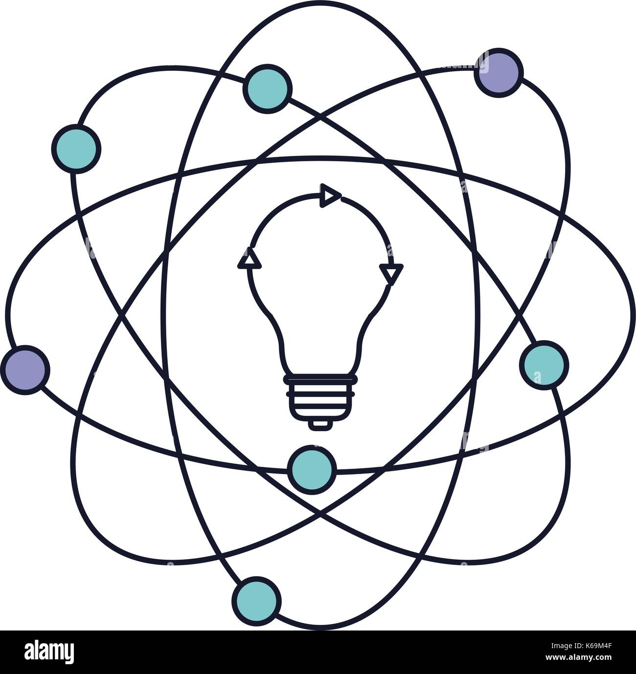 light bulb and atom around icon in color section silhouette Stock ...