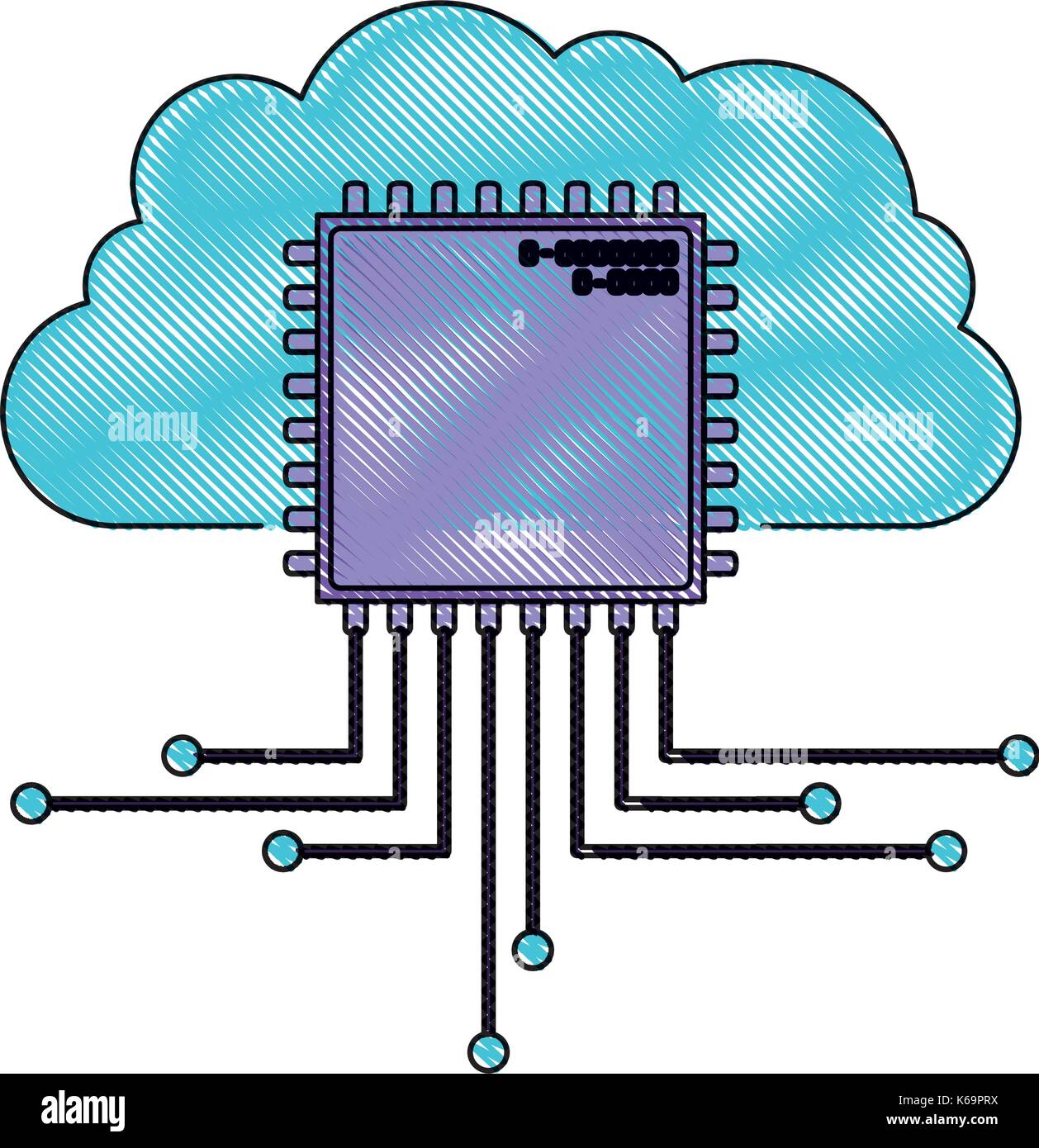 cloud storage data and cpu microprocessor icon in color crayon silhouette Stock Vector