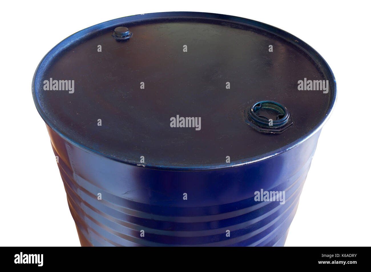 Two hundred liter oil barrels blue color on white background. object with work paths. Stock Photo