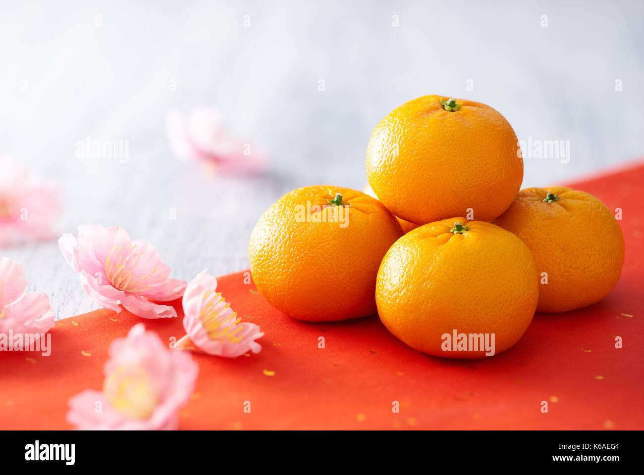 Chinese New Year Mandarin Orange And Flowers Stock Photo Alamy