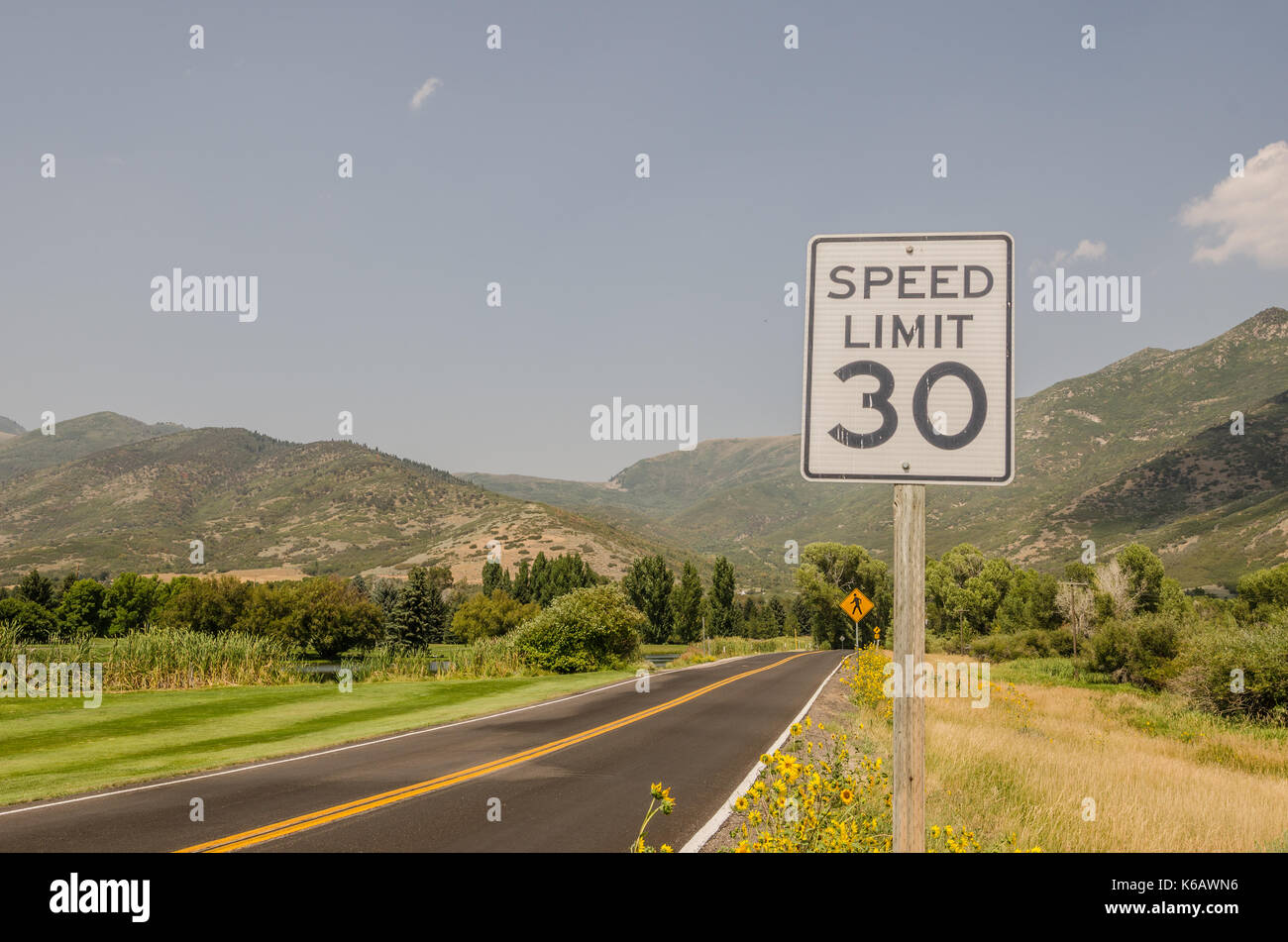 What looks to be a straight road has a sharp curve sign after the pedestrian crossing sign in this 30 mph speed limit area. Stock Photo
