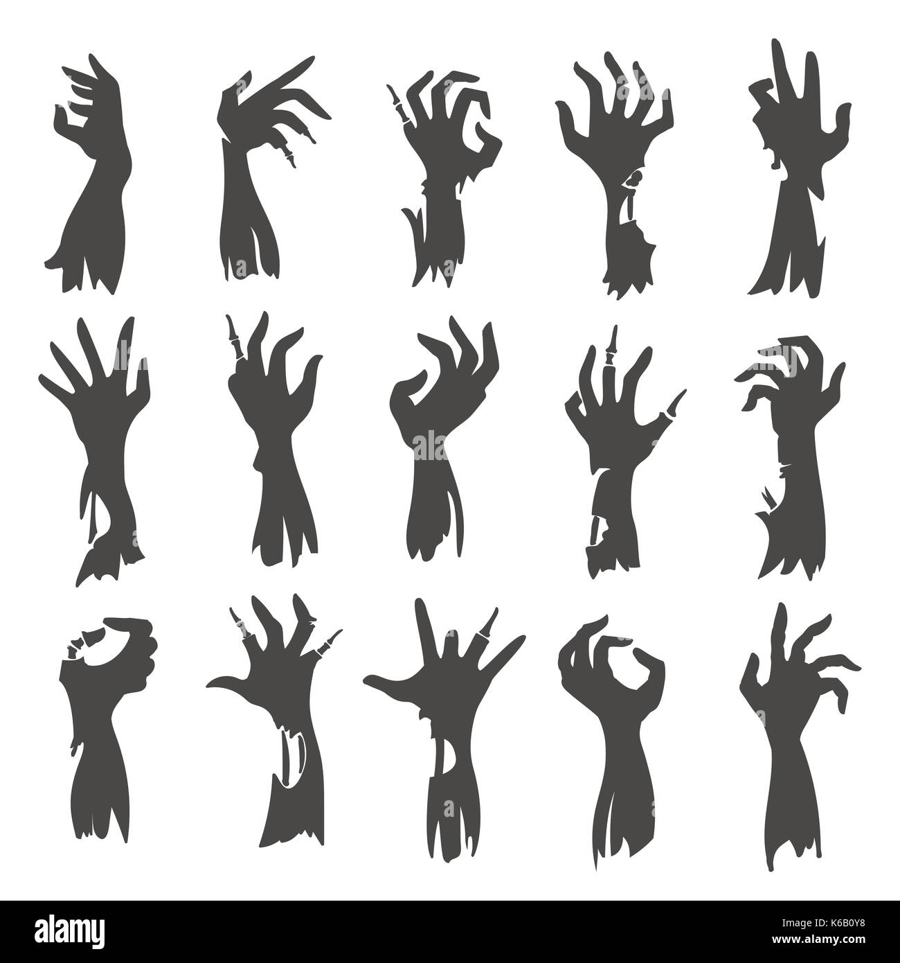 Undead zombie hand silhouettes isolated on white background. Dead hands fear scary halloween black creepy vector silhouette set Stock Vector
