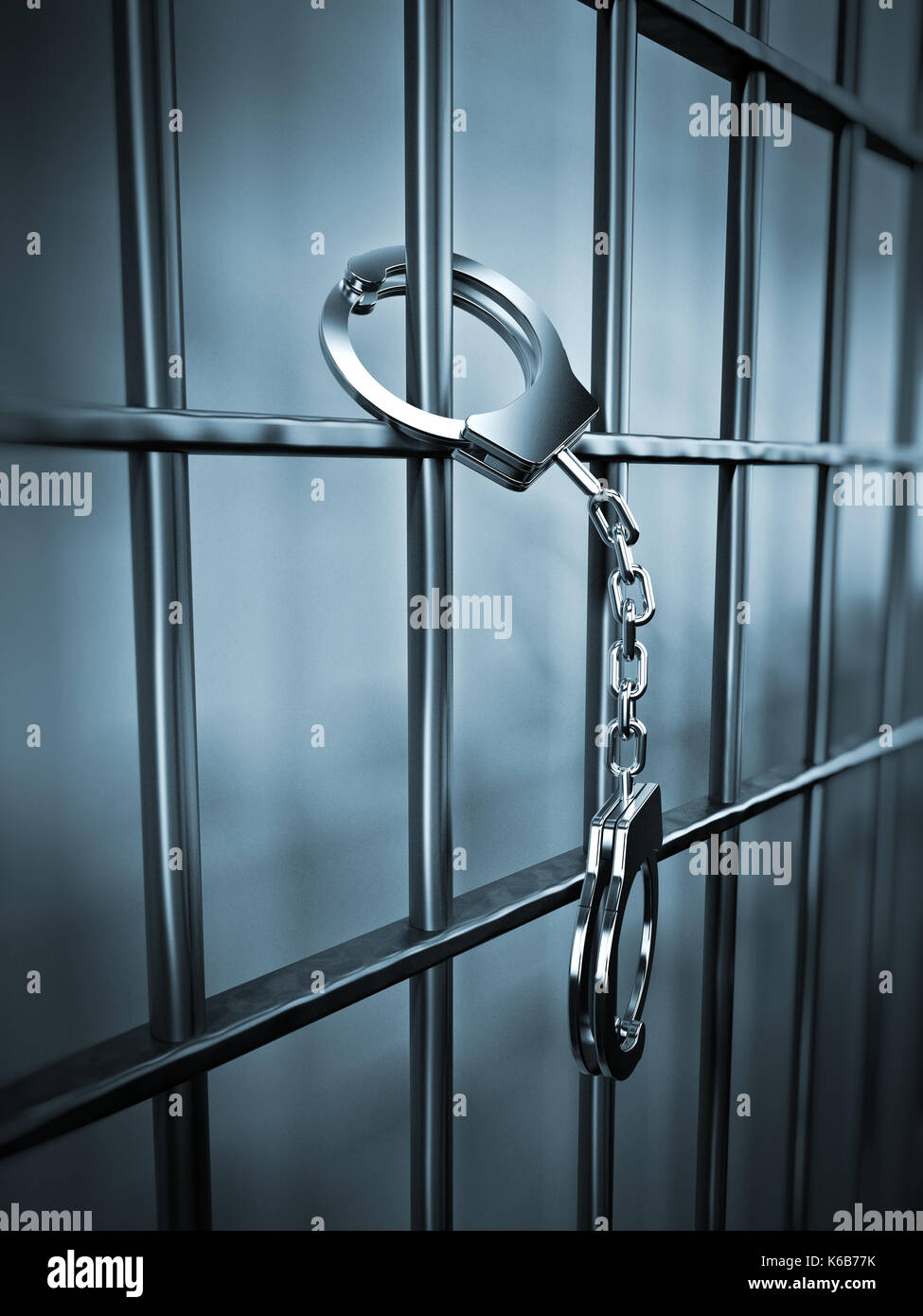 Handcuffs attached to metal prison bars.3D illustration. Stock Photo