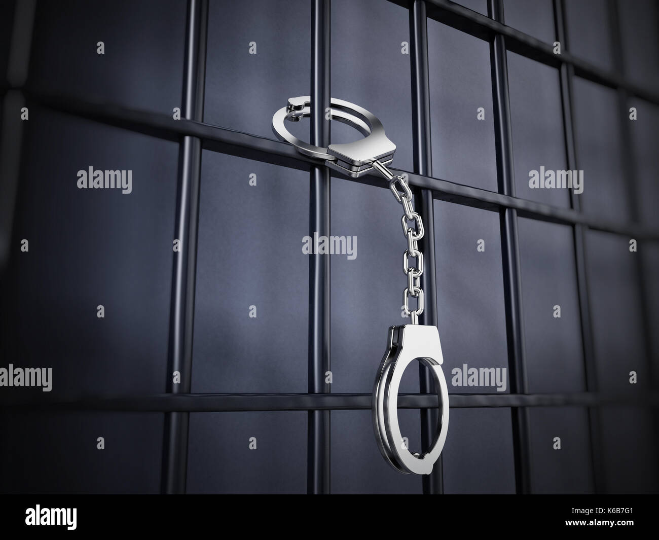 Handcuffs attached to metal prison bars.3D illustration. Stock Photo