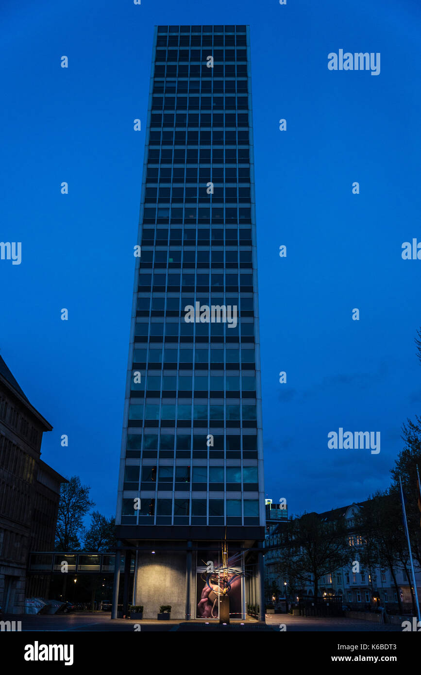 Dusseldorf, Germany - April 16, 2017: Facade of a modern office skyscrapers at night in Dusseldorf, Germany Stock Photo