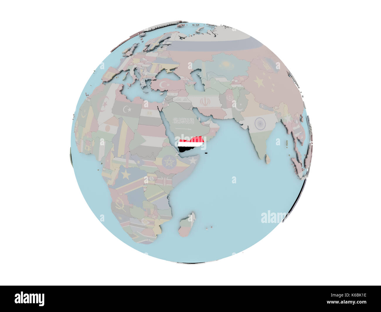 Yemen on political globe with embedded flags. 3D illustration isolated ...