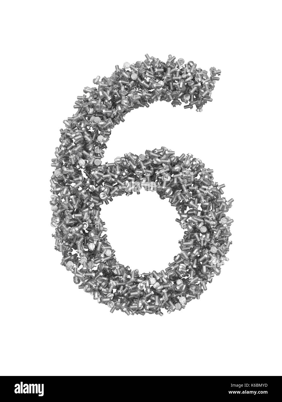 3D render of silver or grey numbers make from bolts. Number 6 with clipping path. Isolated on white background Stock Photo