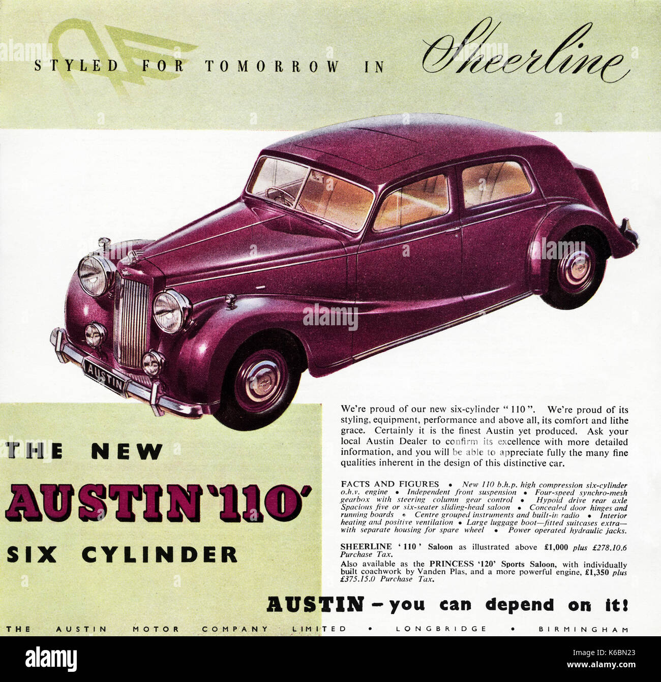 1940s old vintage original advert advertising The New Austin 110 Six Cylinder in magazine circa 1947 when supplies were still restricted under post-war rationing Stock Photo