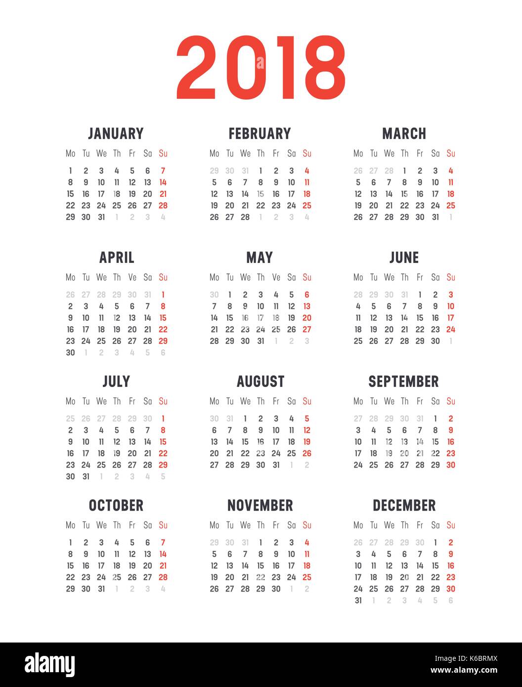 Year 2018 minimalist calendar, on white background. Vector template - Weeks start on monday Stock Vector