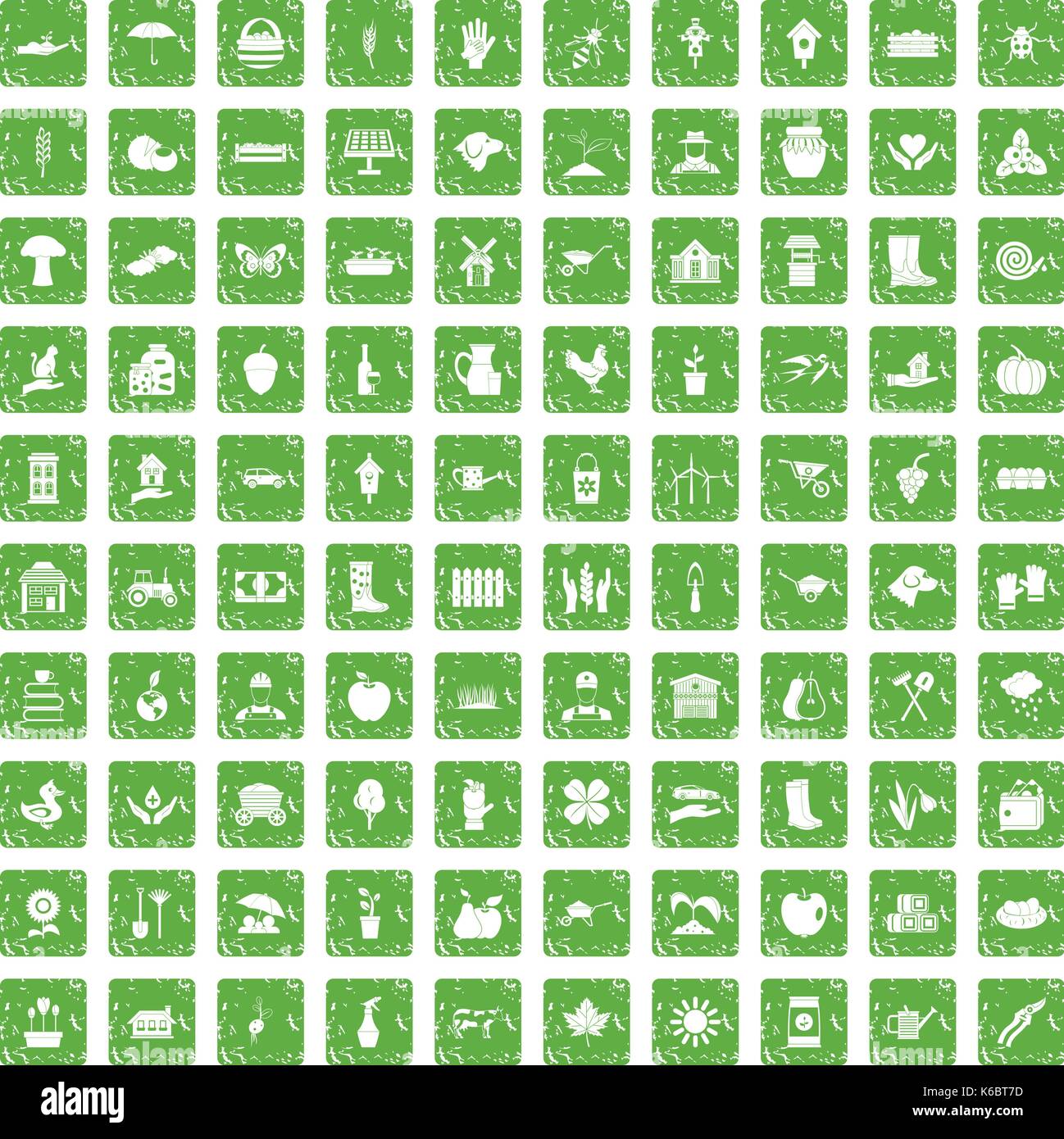 100 farm icons set in grunge style green color isolated on white ...