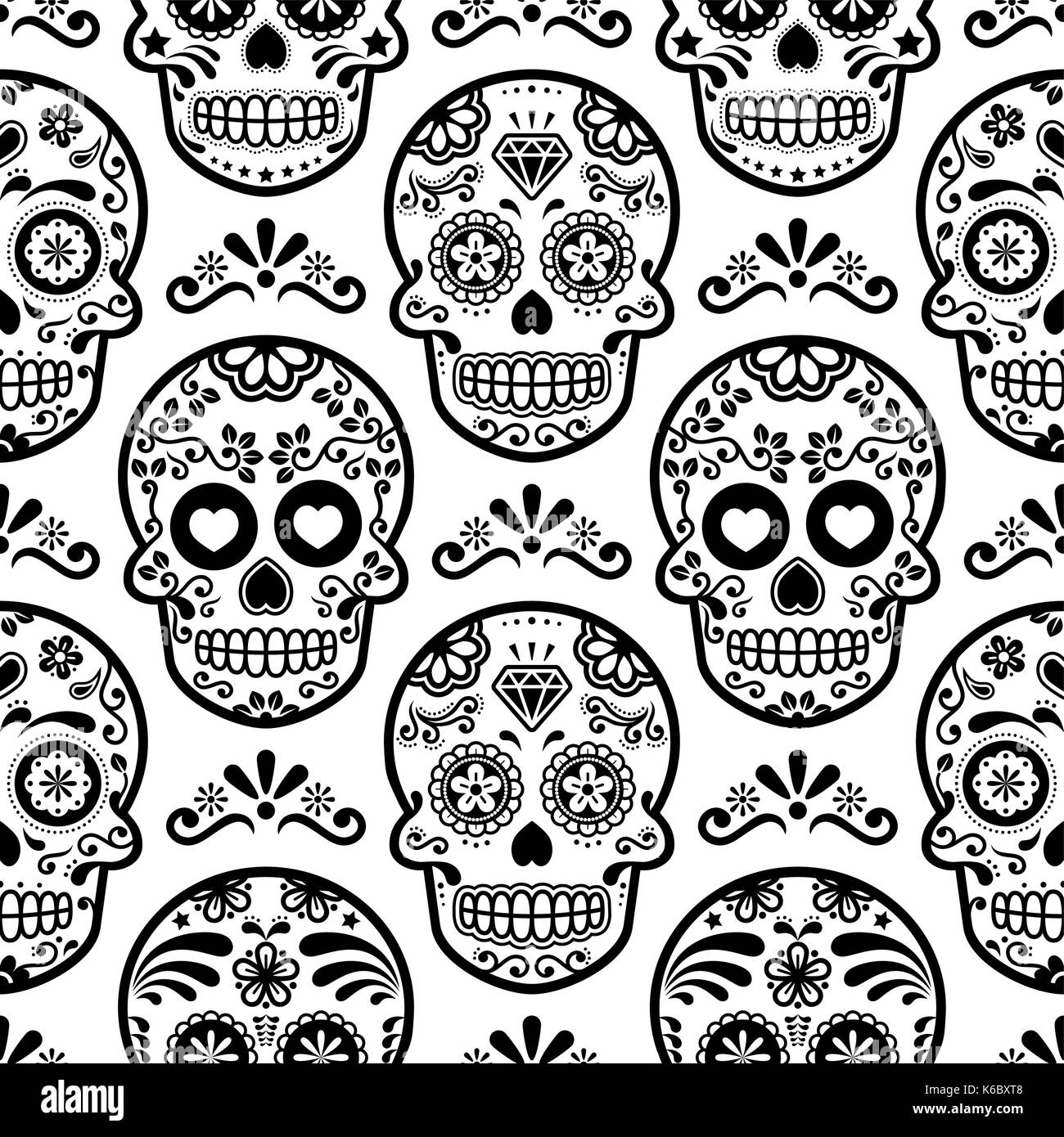 Mexican sugar skull vector seamless pattern, Halloween candy skulls background, Day of the Dead Stock Vector