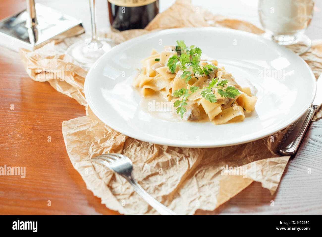 spinach fettuccine on plate Italian food style Stock Photo Alamy