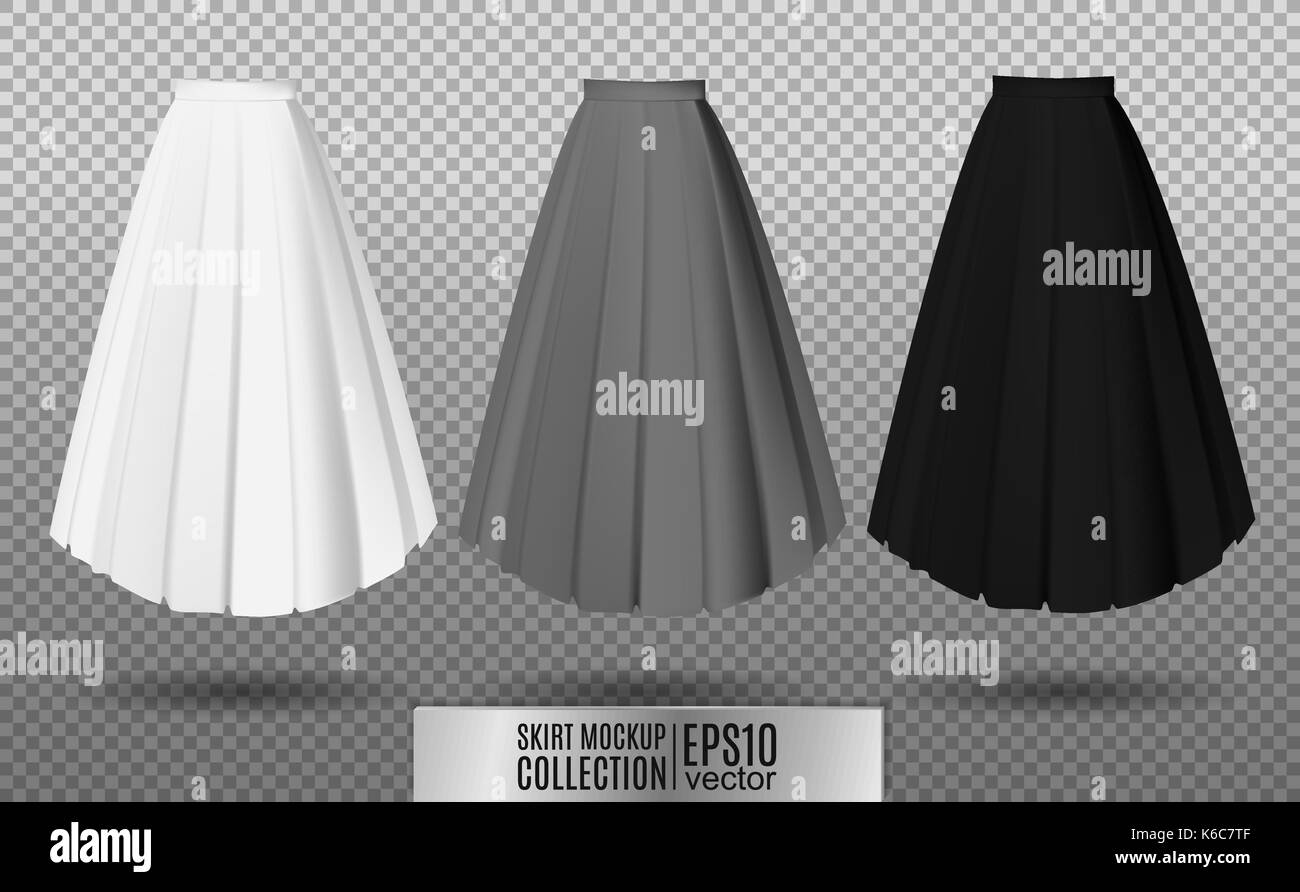 Vector illustration of different model skirt on transparent background. pleated skirt mock up. White, gray and black variation Stock Vector