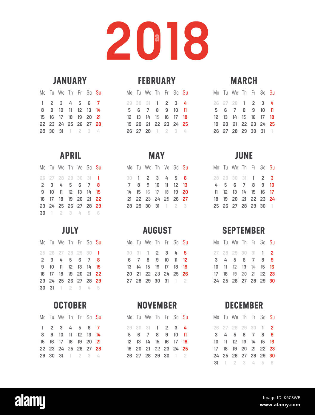 Year 2018 minimalist calendar, on white background. Vector template - Weeks start on monday Stock Photo