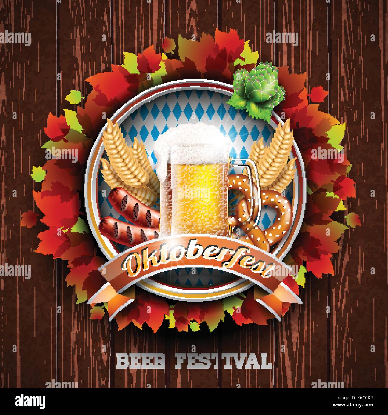Oktoberfest vector illustration with fresh lager beer on wood texture ...