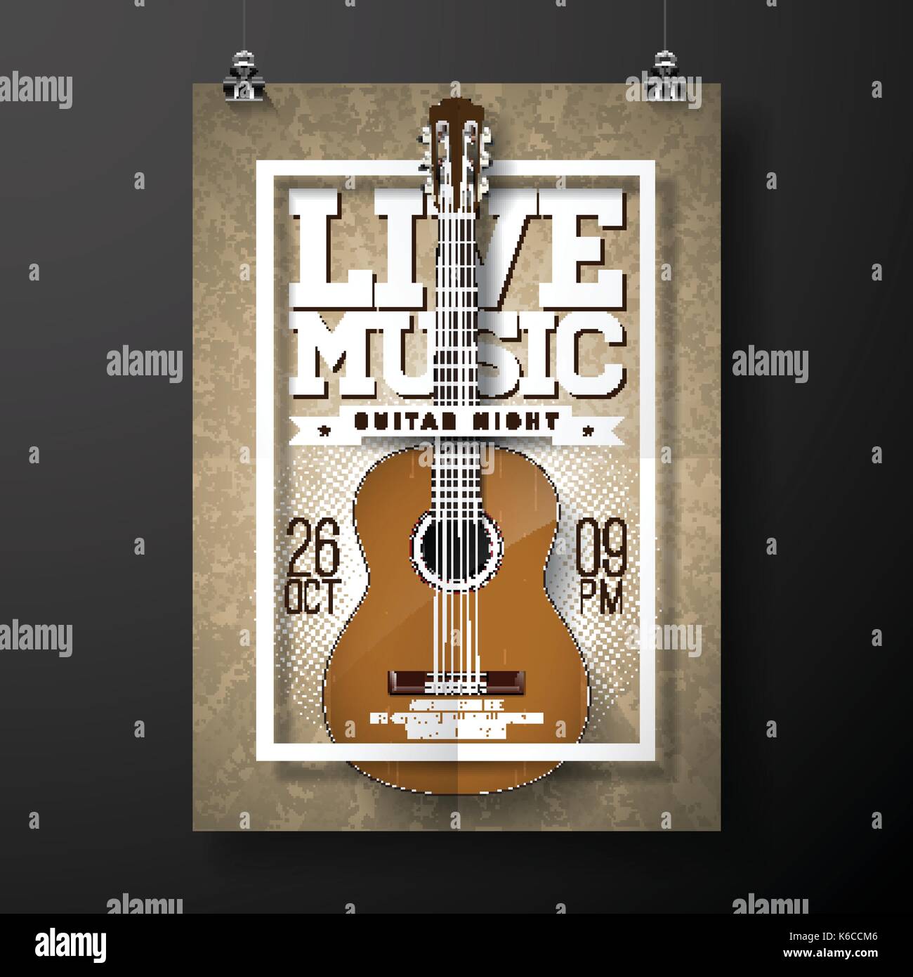 live music flyer design with acoustic guitar on grunge background guitar flyer background vector