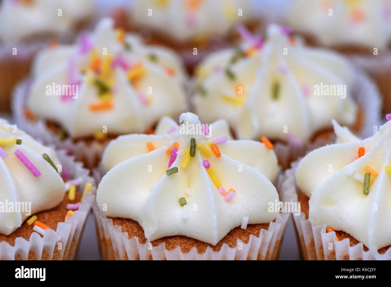 close up macro food photography image of pretty colorful fairy cakes with sprinkles on and blur background Stock Photo