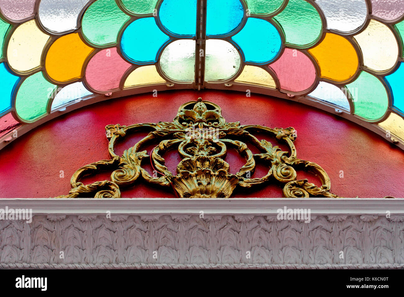 Entrance stained glass, wrought iron canopy to The Olympia Theatre Stalls Boxes. Dublin, Republic of Ireland, Europe, European Union, EU. Stock Photo