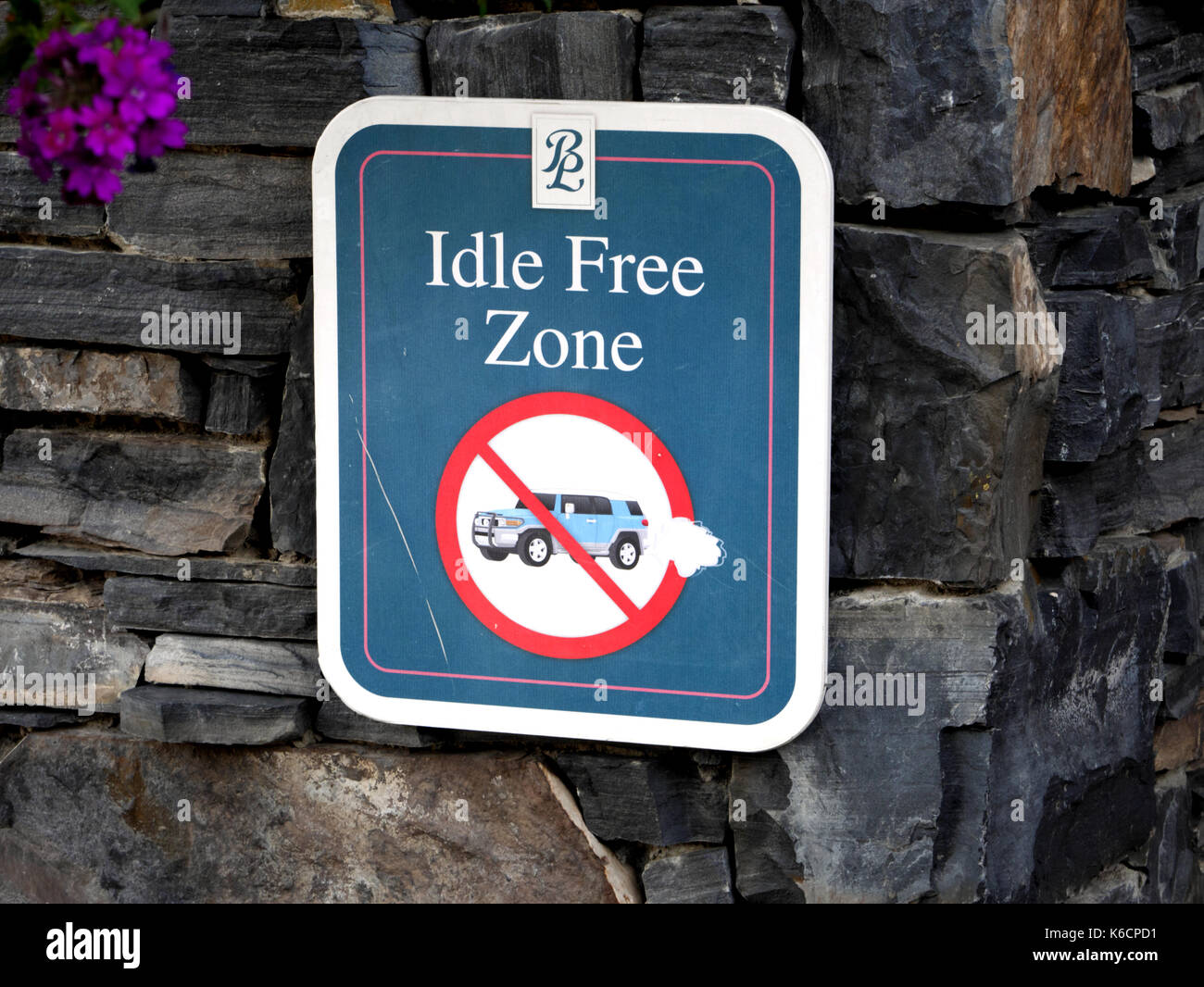 'Idle-free zone' notice, Banff, Canada. Stock Photo