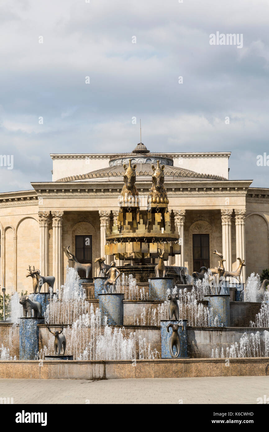 The Colchis Fountain in the centre of Kutaisi in Georgia with the Georgian Drama Theatre Lado Meskhishvili behind. Stock Photo