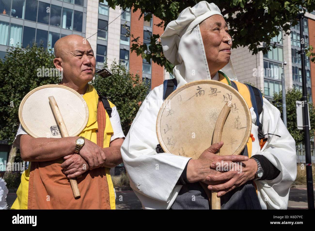 London, UK. 12th Sept, 2017. Japanese Buddhist monks join the protests against DSEi Arms Fair (Defence & Security Equipment International) - the world's largest arms fair held at Excel Centre in east London. Credit: Guy Corbishley/Alamy Live News Stock Photo