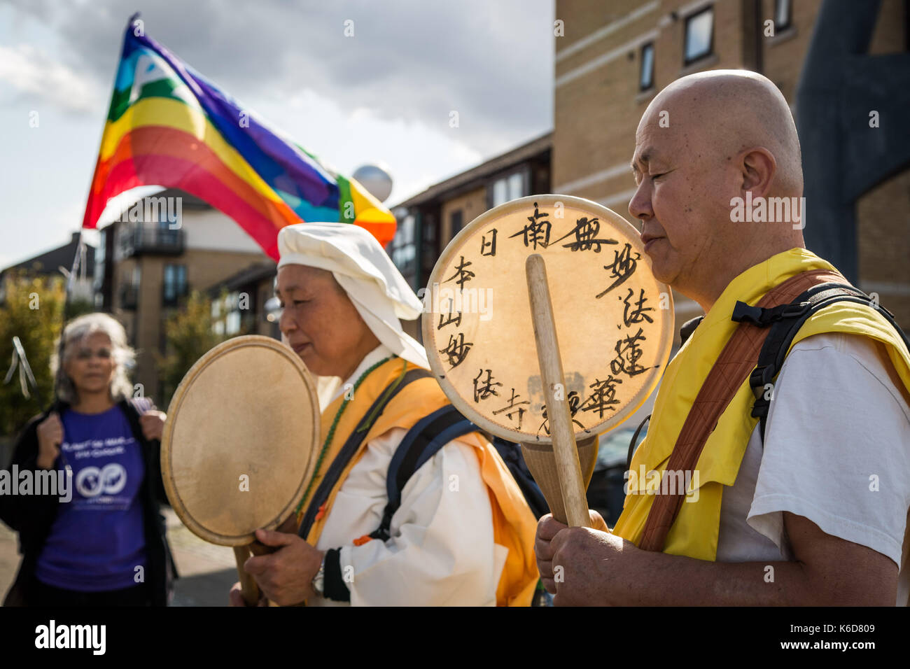 London, UK. 12th Sept, 2017. Japanese Buddhist monks join the protests against DSEi Arms Fair (Defence & Security Equipment International) - the world's largest arms fair held at Excel Centre in east London. Credit: Guy Corbishley/Alamy Live News Stock Photo