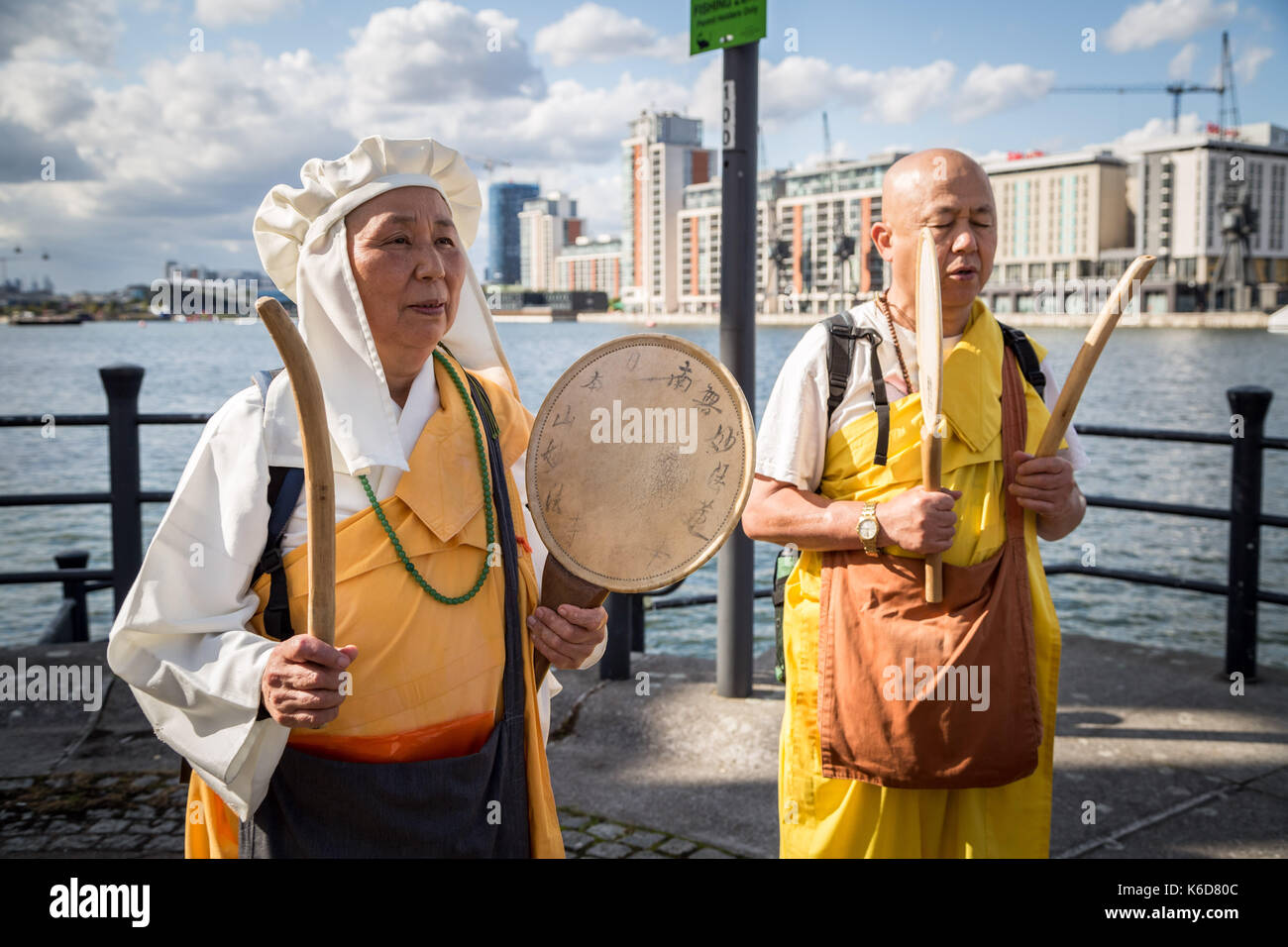 London, UK. 12th Sept, 2017. Japanese Buddhist monks join the anti-war protests against DSEi Arms Fair (Defence & Security Equipment International) - the world's largest arms fair held at Excel Centre in east London. Credit: Guy Corbishley/Alamy Live News Stock Photo