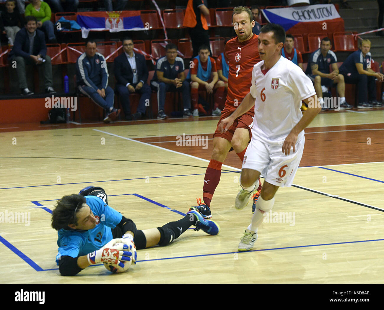 From left: Czech goalkeeper Libor Gercak, Lukas Resetar of Czech Republic and Denis Ramic in action during the play-off match Czech Republic vs Serbia for the final tournament of the UEFA Futsal EURO 2018 in Chomutov, Czech Republic, September 12, 2017. (CTK Photo/Libor Zavoral) Stock Photo