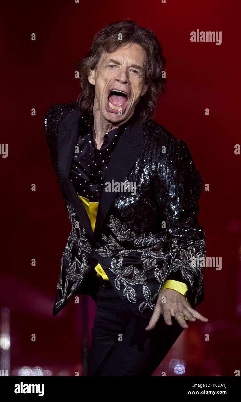 Munich, Germany. 12th Sep, 2017. Singer Mick Jagger of the British band  'The Rolling Stones' performs on stage during a concert of their Europe  tour 'Stones - No Filer' at the Olympia