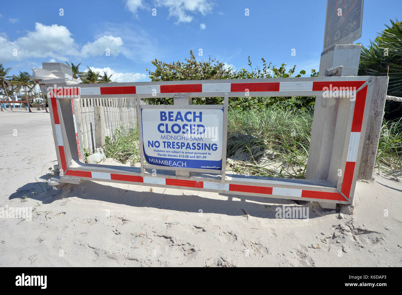 MIAMI BEACH, FL - SEPTEMBER 12: (EXCLUSIVE COVERAGE) ***NO NY DAILIES*** Residents waited hours to get over the causeway to return to South Beach after a mandatory evacuation only to find the Effects of Extreme Category 5 Hurricane Irma. The beach, Ocean Drive, Collins Ave, Miami Marina and even the Miami Port which are always packed with people, boats and cruise ships were all empty and had almost an erie dead calm to it as millatary black hawk helicopters patrolled the beaches as residents returned to their home's and business on September 12, 2017 in Miami Beach, Florida People: Ocean Stock Photo