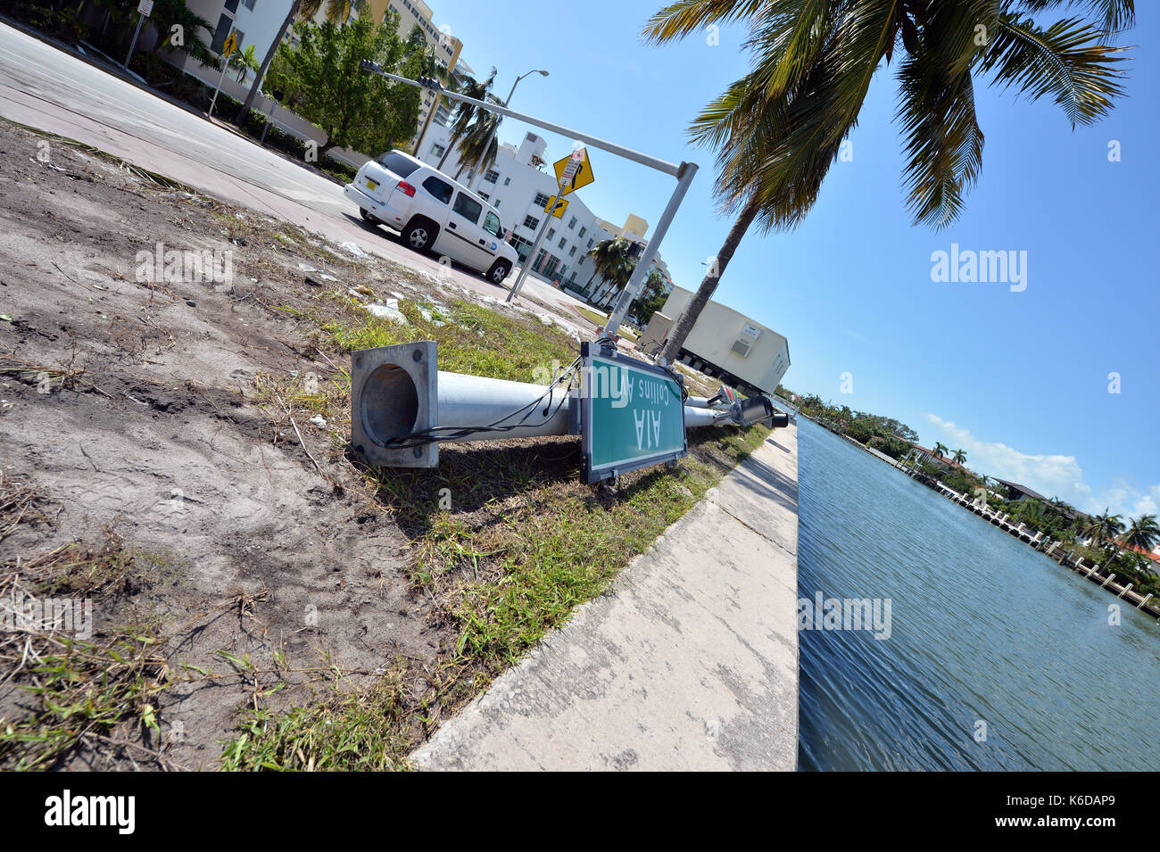 MIAMI BEACH, FL - SEPTEMBER 12: (EXCLUSIVE COVERAGE) ***NO NY DAILIES*** Residents waited hours to get over the causeway to return to South Beach after a mandatory evacuation only to find the Effects of Extreme Category 5 Hurricane Irma. The beach, Ocean Drive, Collins Ave, Miami Marina and even the Miami Port which are always packed with people, boats and cruise ships were all empty and had almost an erie dead calm to it as millatary black hawk helicopters patrolled the beaches as residents returned to their home's and business on September 12, 2017 in Miami Beach, Florida People: Collin Stock Photo