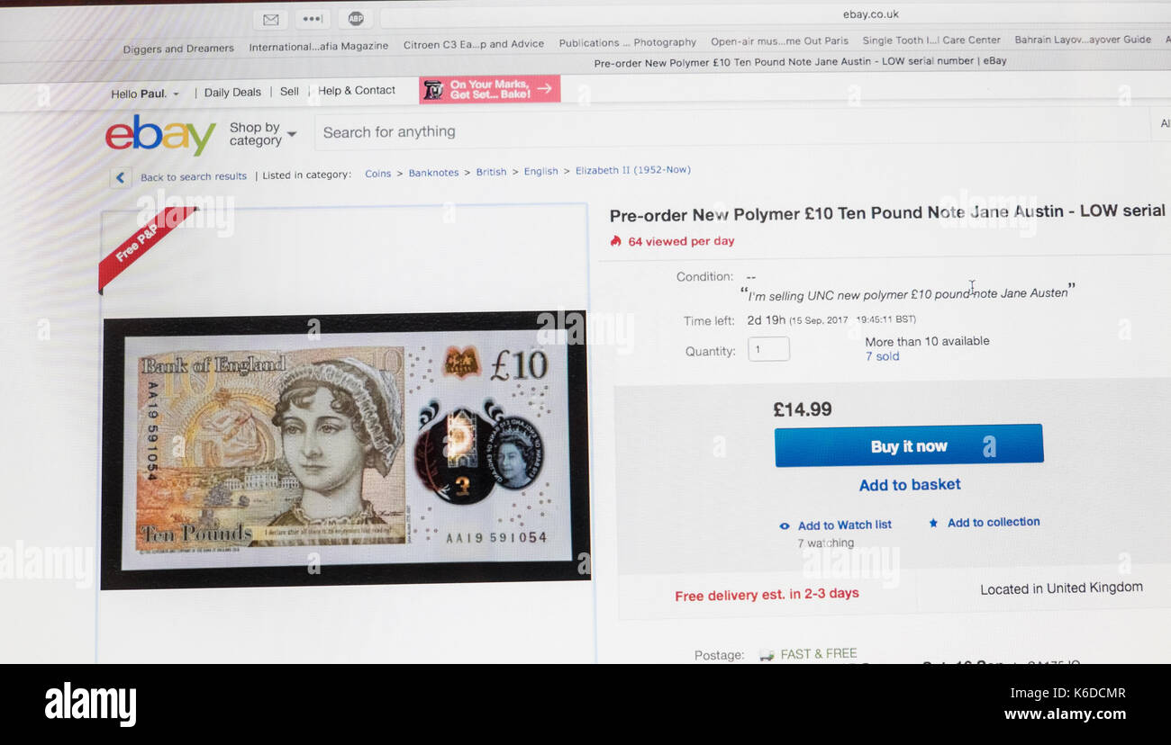 UK. 12th Sep, 2017. Ebay listing for new ten pound note that will be issued Thursday, September 14th 2017. The ebay listing is a Buy It Now price of £14.99 for a low serial number. New note features Jane Austen. bid,bidding,auction,site, Stock Photo
