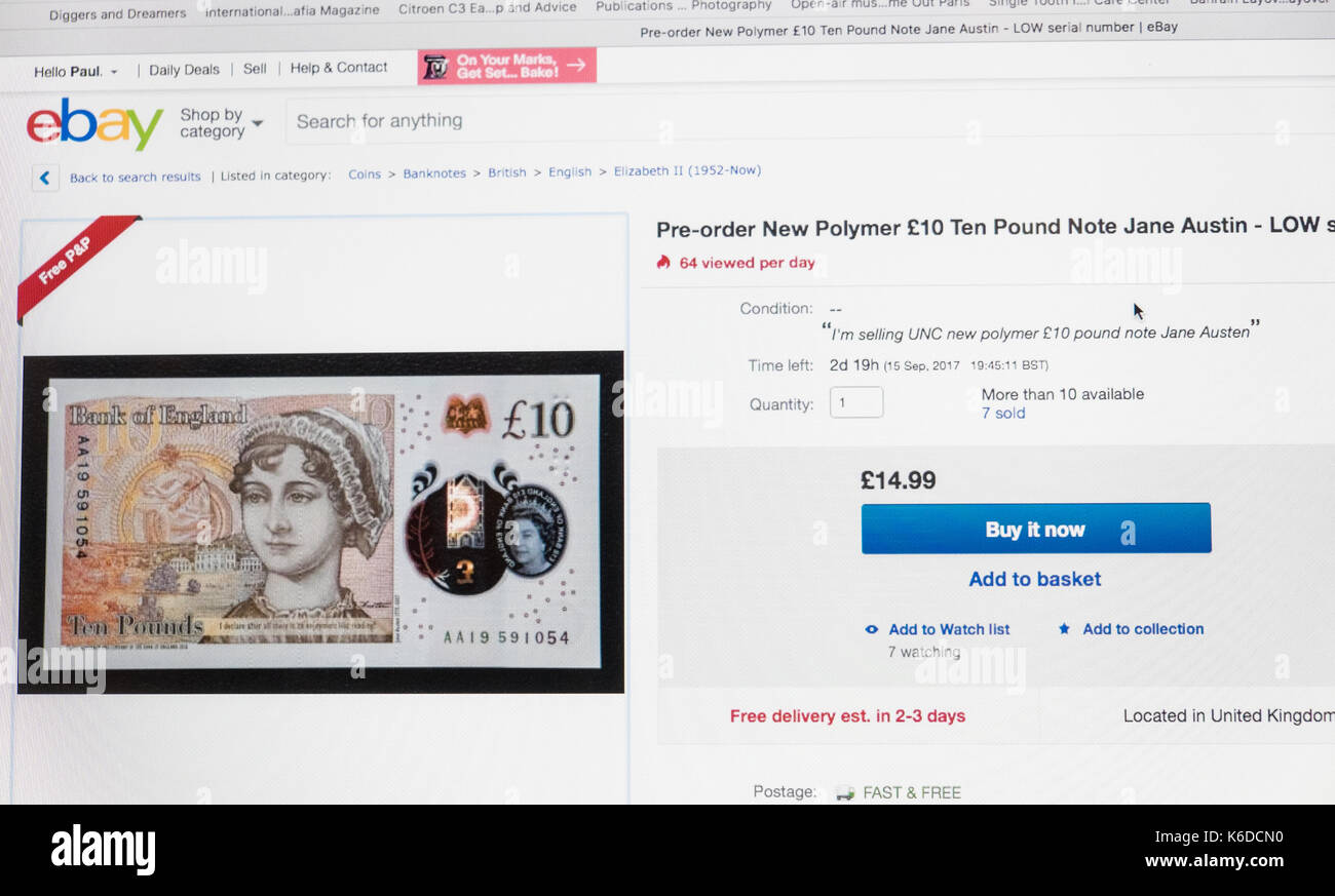 UK. 12th Sep, 2017. Ebay listing for new ten pound note that will be issued Thursday, September 14th 2017. The ebay listing is a Buy It Now price of £14.99 for a low serial number. New note features Jane Austen. bid,bidding,auction,site, Stock Photo