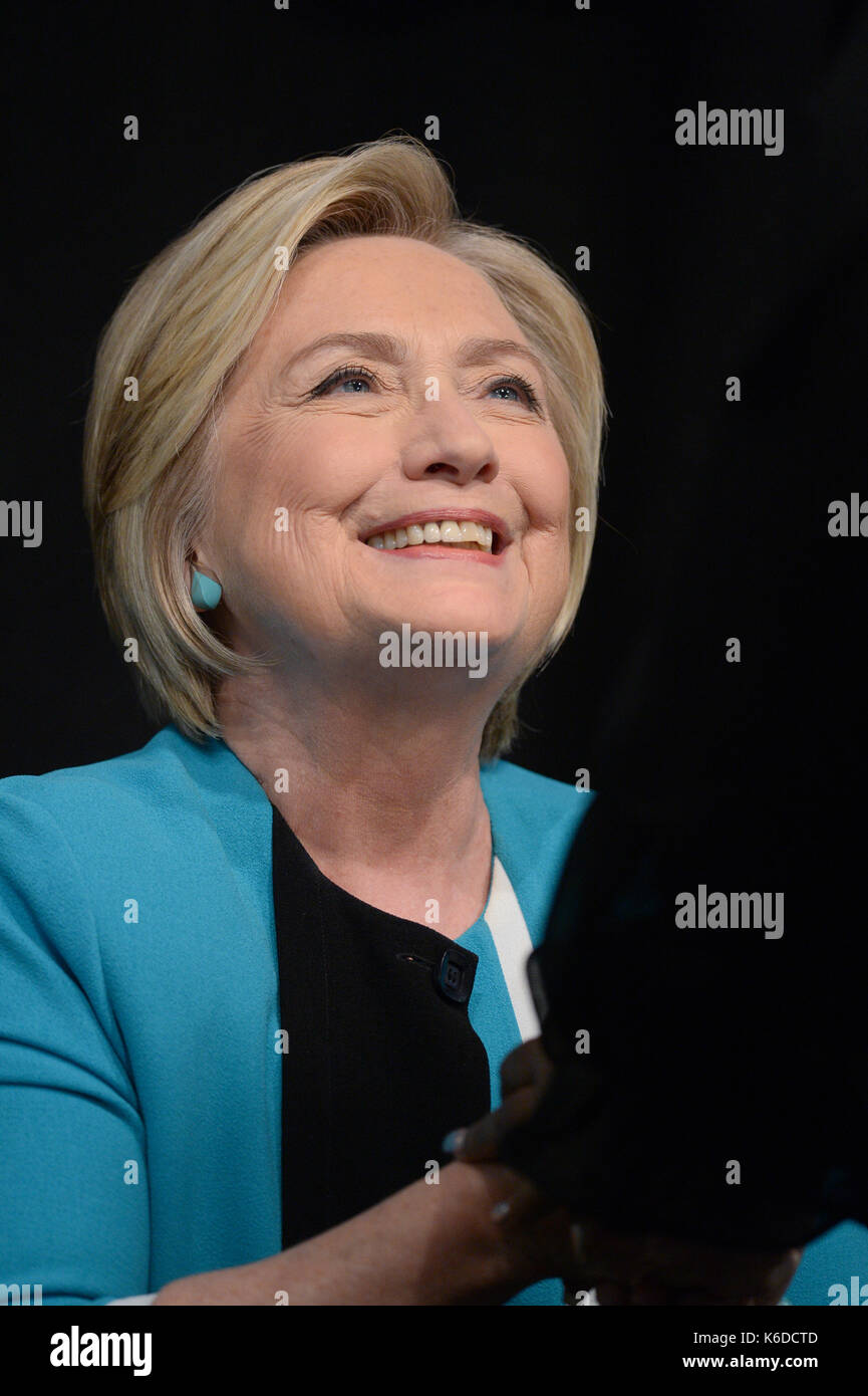 New York, New York, USA. 12th Sep, 2017. Former US Secretary of State, Hillary Clinton signs copies of her book, 'What Happened' at Barnes & Noble Union Square on September 12, 2017 in New York City. Credit: Erik Pendzich/Alamy Live News Stock Photo