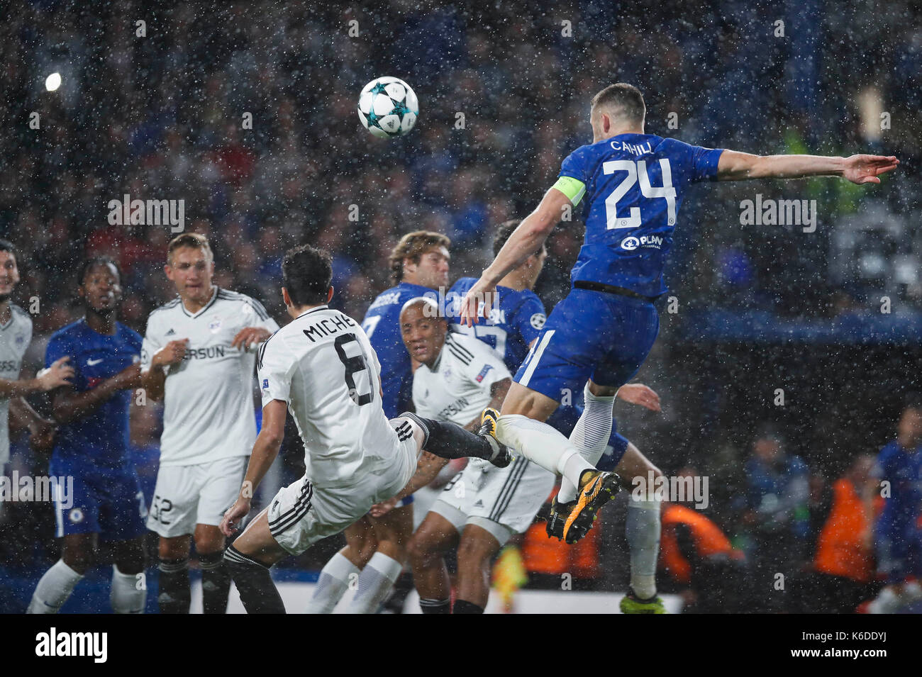 London, UK. 12th Sep, 2017. Gary Cahill (Above) of Chelsea heads for the ball during the UEFA Champions League Group C match between Chelsea and Qarabag FK at Stamford Bridge Stadium in London, Britain on Sept. 12, 2017. Chelsea won 6-0. Credit: Han Yan/Xinhua/Alamy Live News Stock Photo