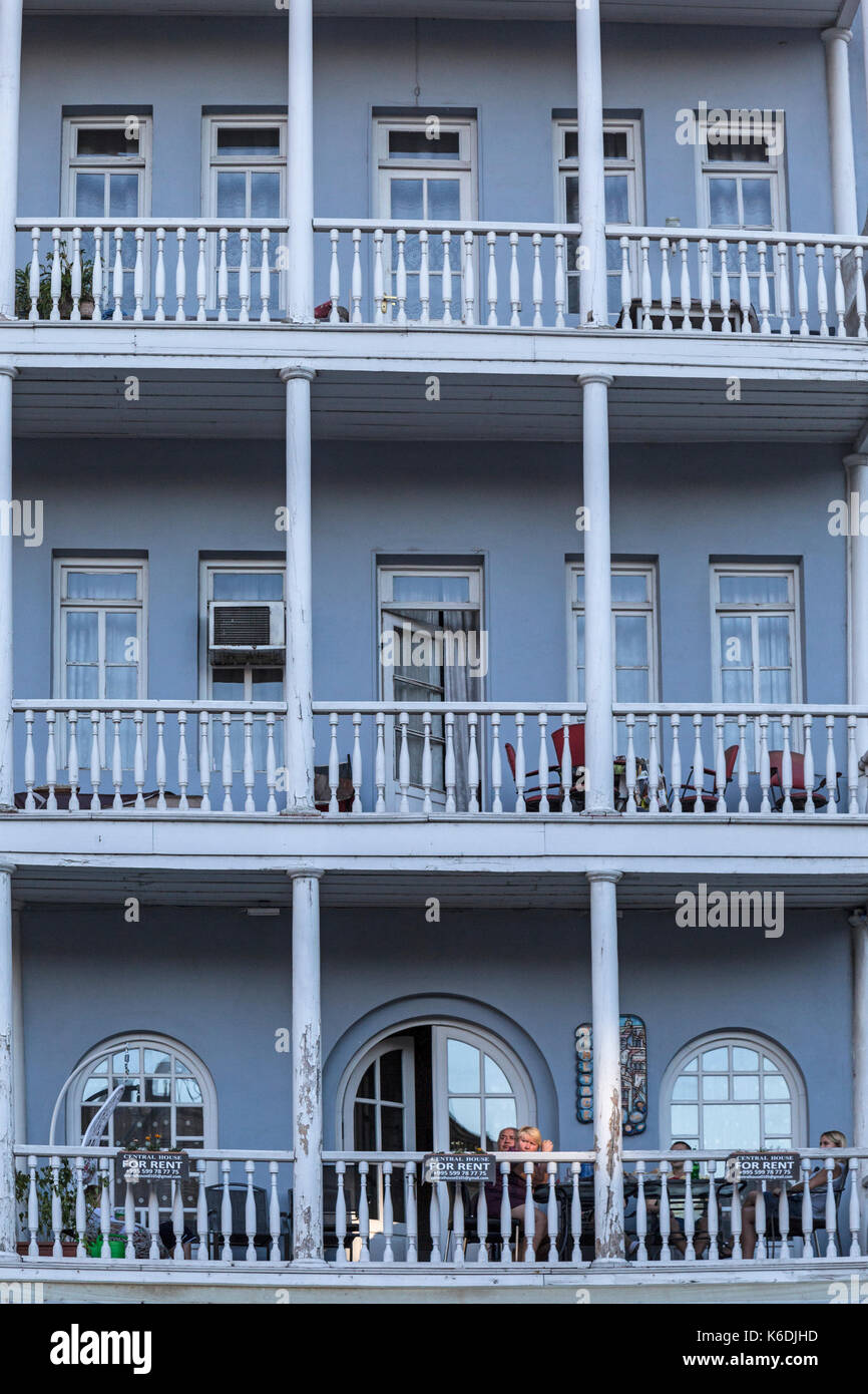 Architectural detail of houses in the centre of Tbilisi, capital city of Georgia. Shows local traditional designs of houses and balconies. Stock Photo