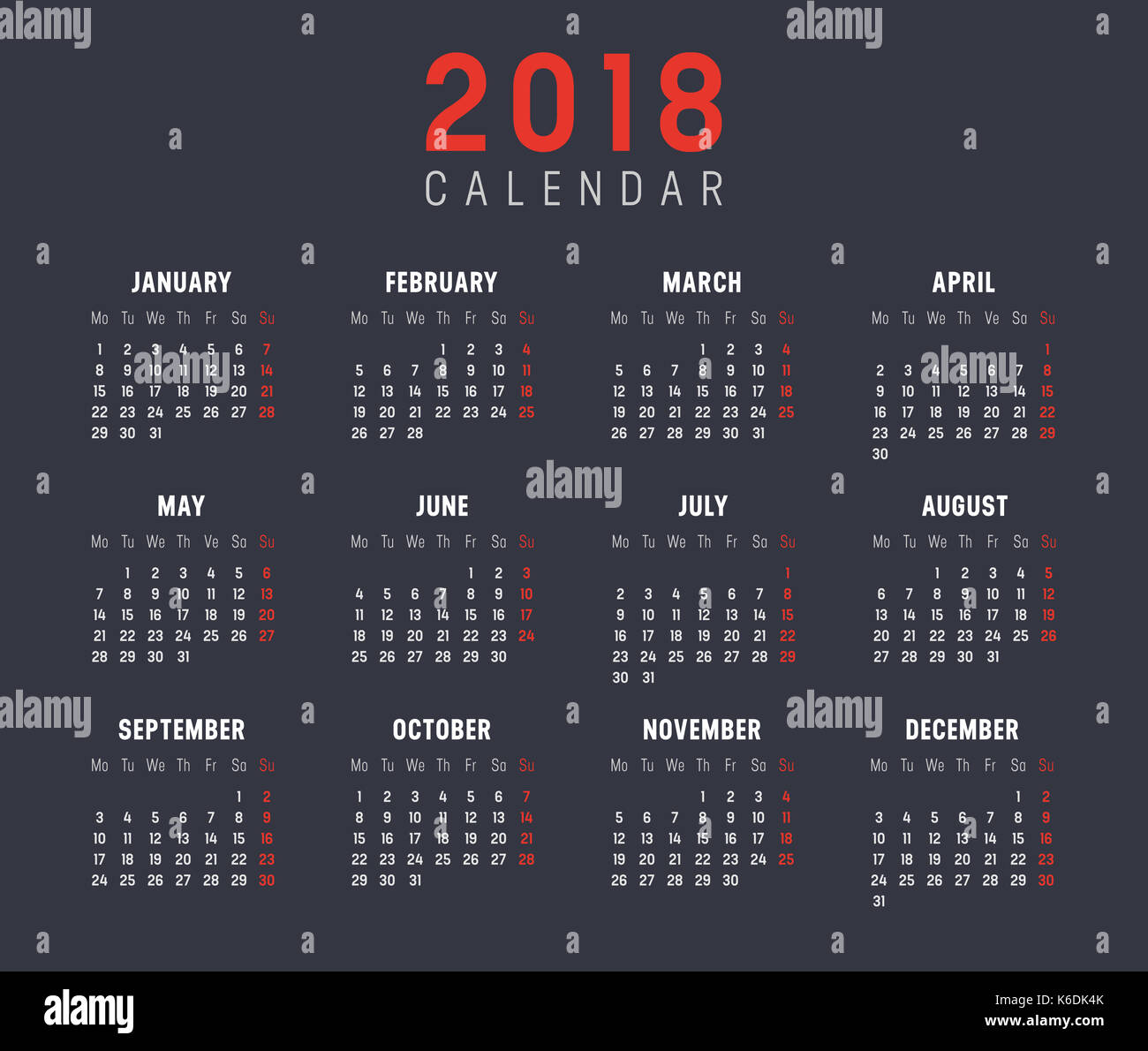 Year 2018 minimalist calendar, on black background. Stock Photo