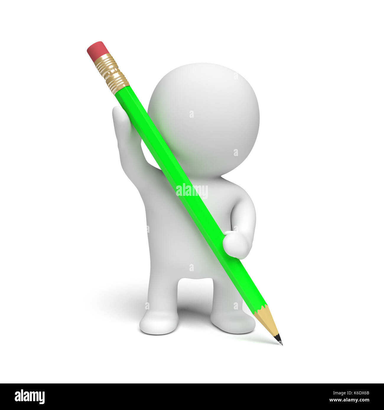 white 3d person holding a big green pencil (3D illustration isolated on ...