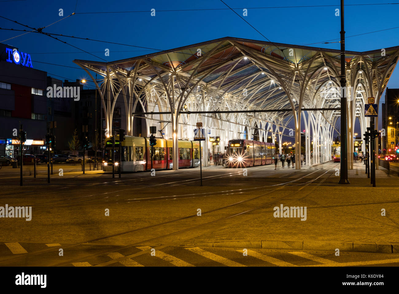 Modern tram stop, central Lodz, Poland Stock Photo